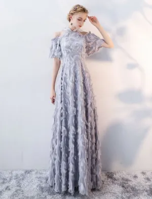 Prom Dresses Long Light Grey Cold Shoulder Evening Dress Lace Stand Collar Floor Length Formal Dress