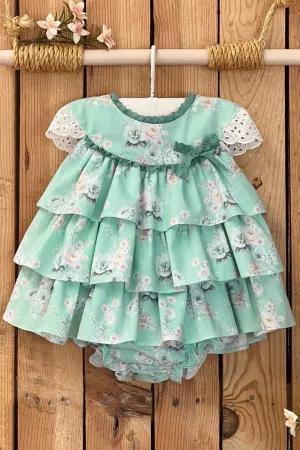 "Cordelia" Mint Floral Layered Dress & Bloomers