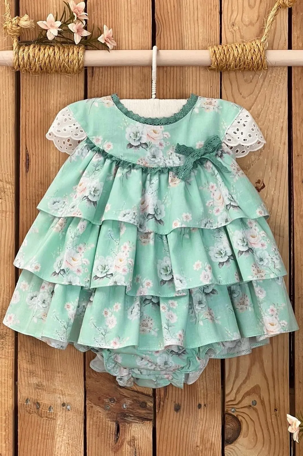 "Cordelia" Mint Floral Layered Dress & Bloomers