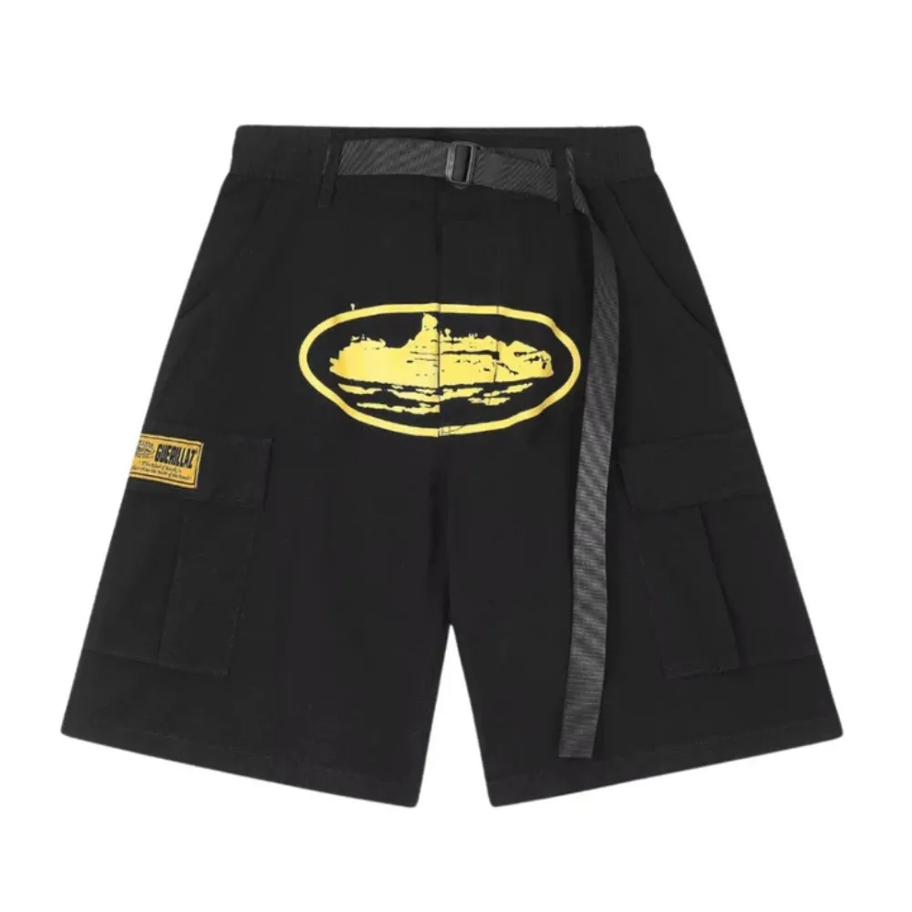 "Street Print Belted Side Button" Shorts