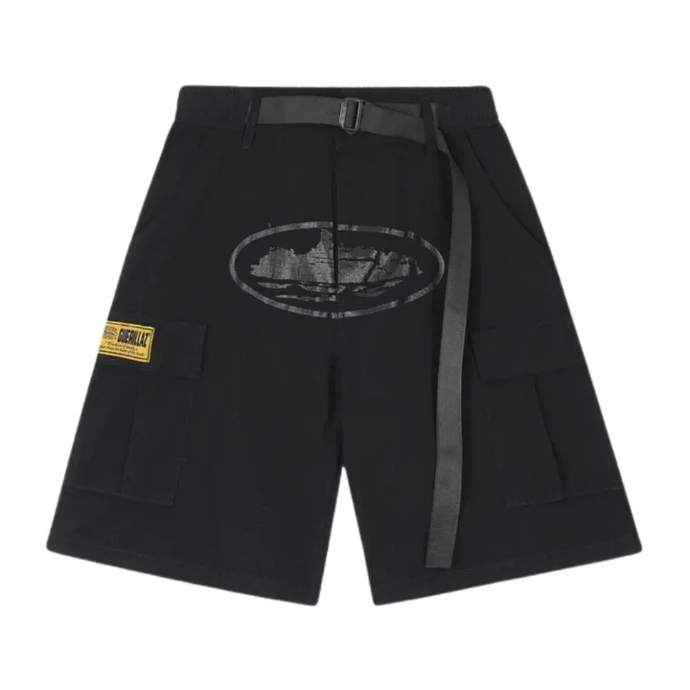 "Street Print Belted Side Button" Shorts
