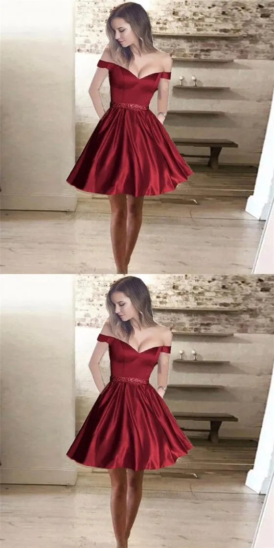 Red A-Line Off-Shoulder Short Satin Cheap Beaded Homecoming Dresses with Pockets, QB0043