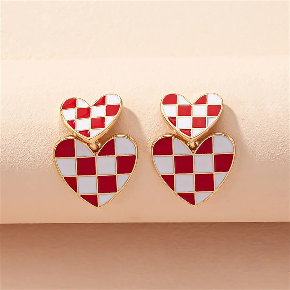 Red & 18K Gold-Plated Checkerboard Heart Drop Earrings