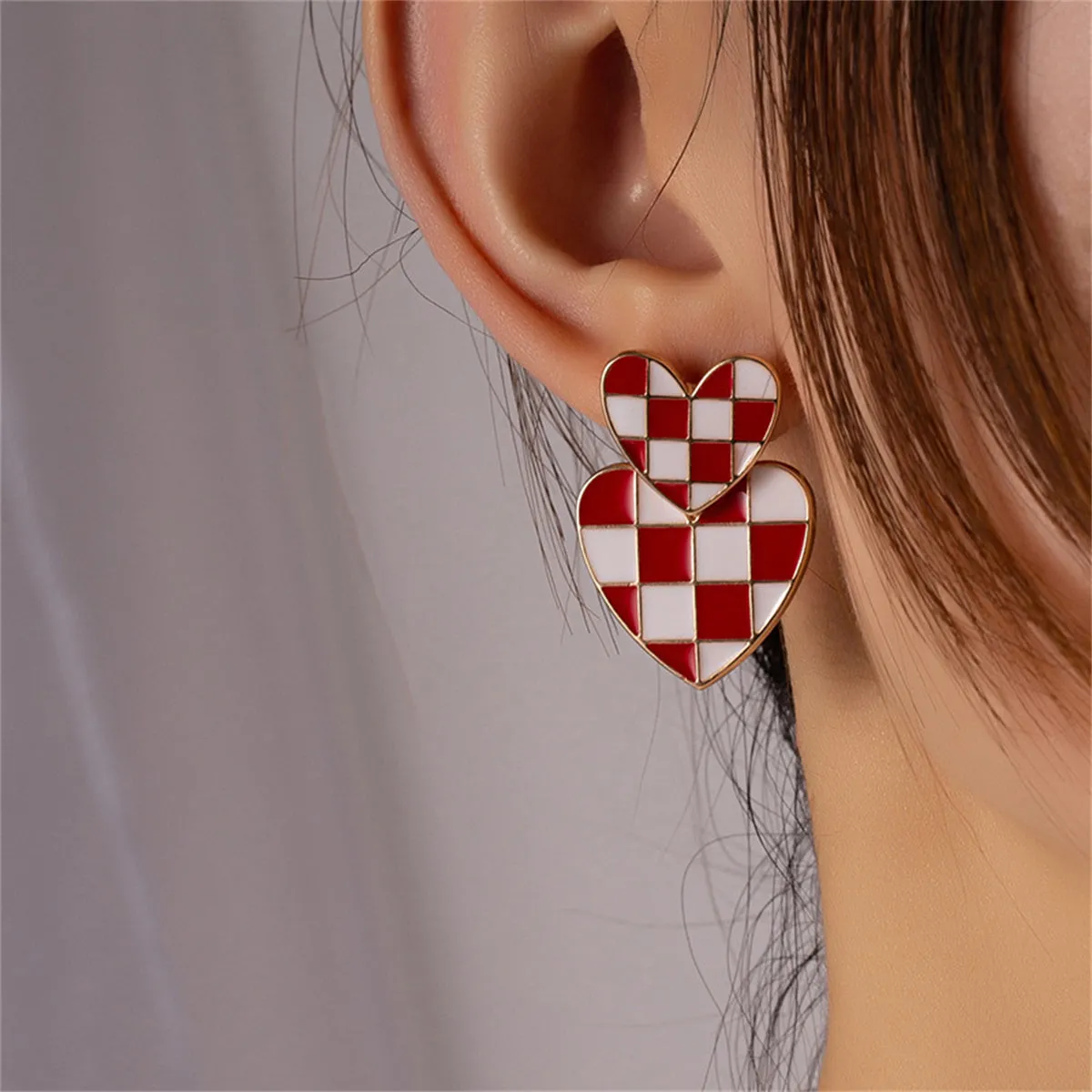 Red & 18K Gold-Plated Checkerboard Heart Drop Earrings