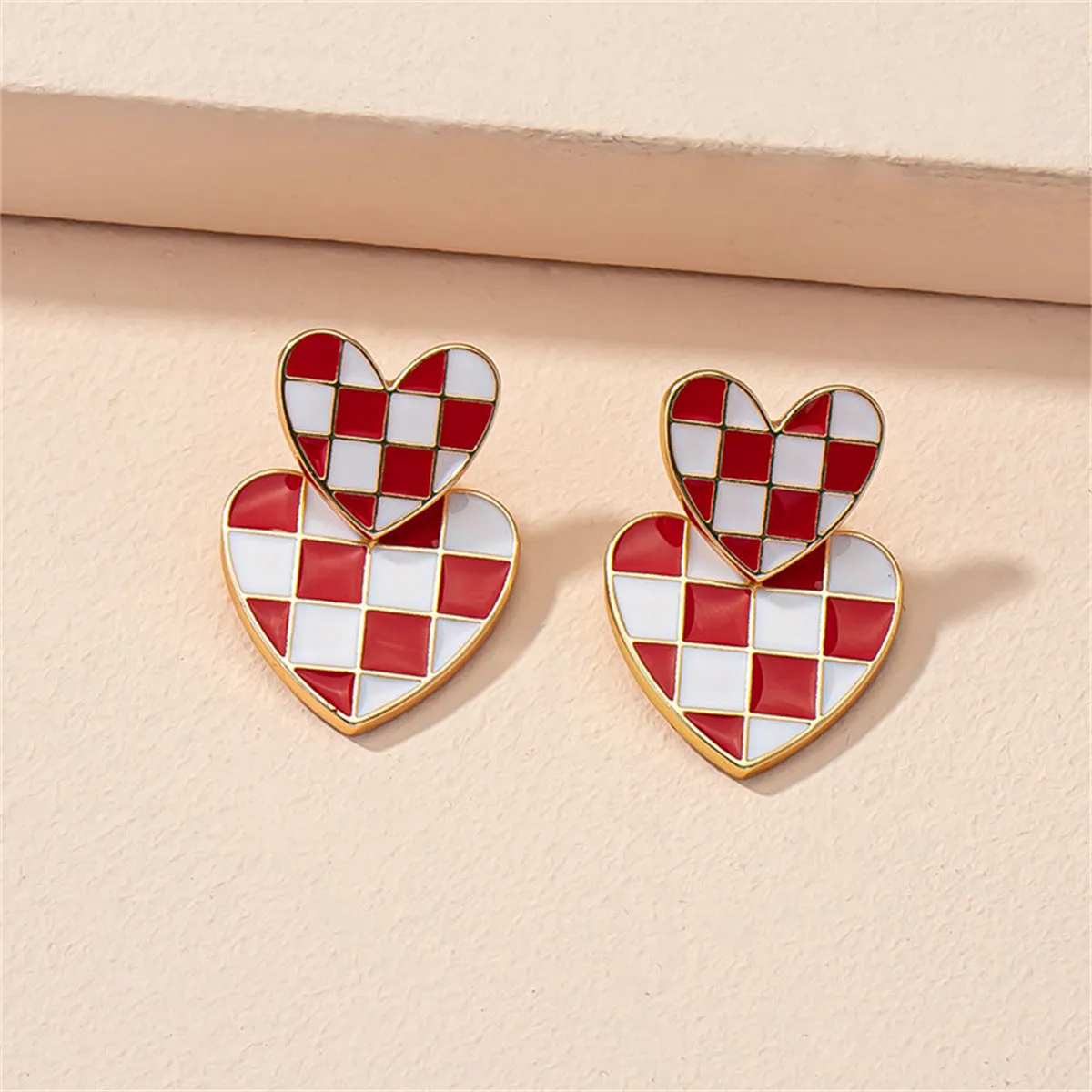 Red & 18K Gold-Plated Checkerboard Heart Drop Earrings