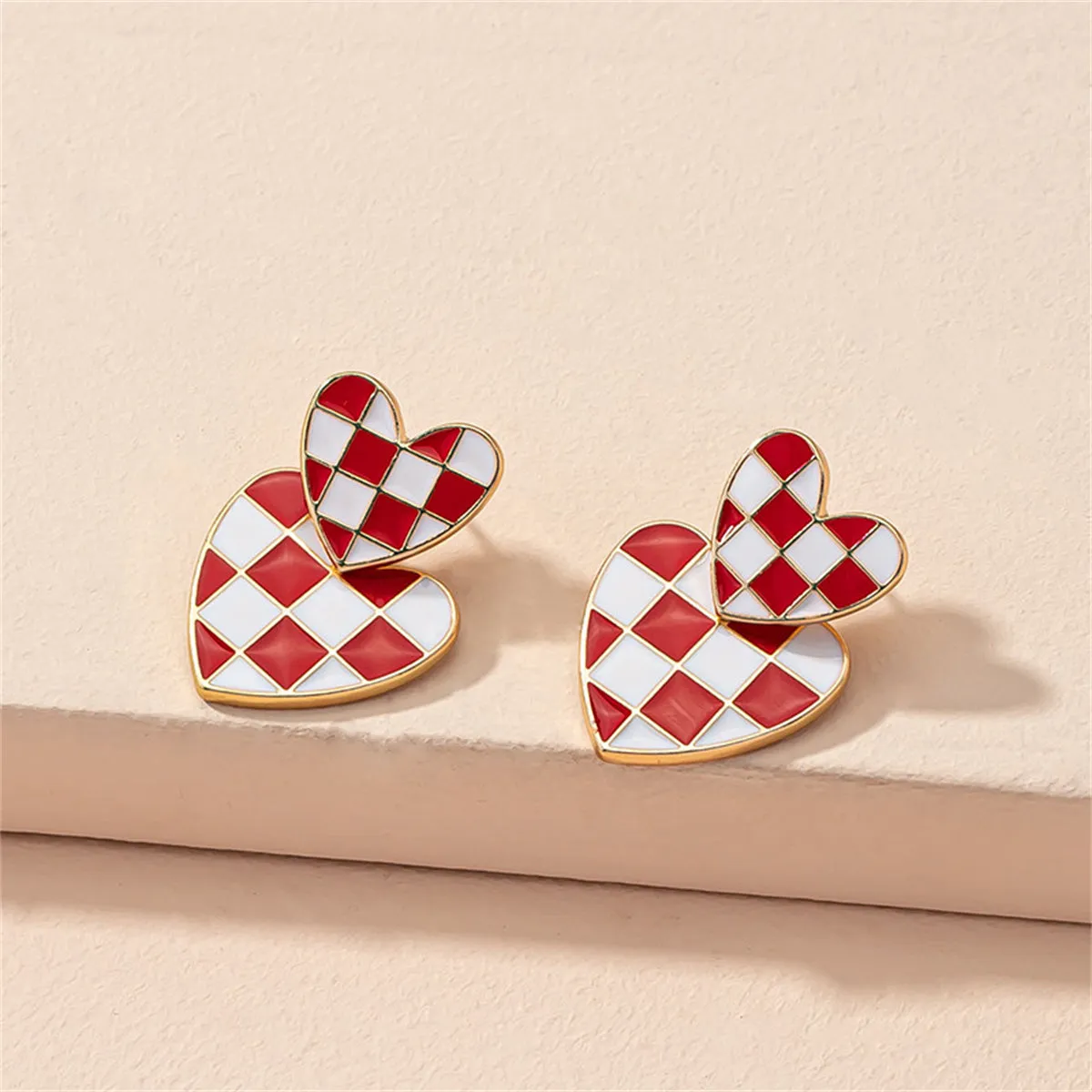 Red & 18K Gold-Plated Checkerboard Heart Drop Earrings