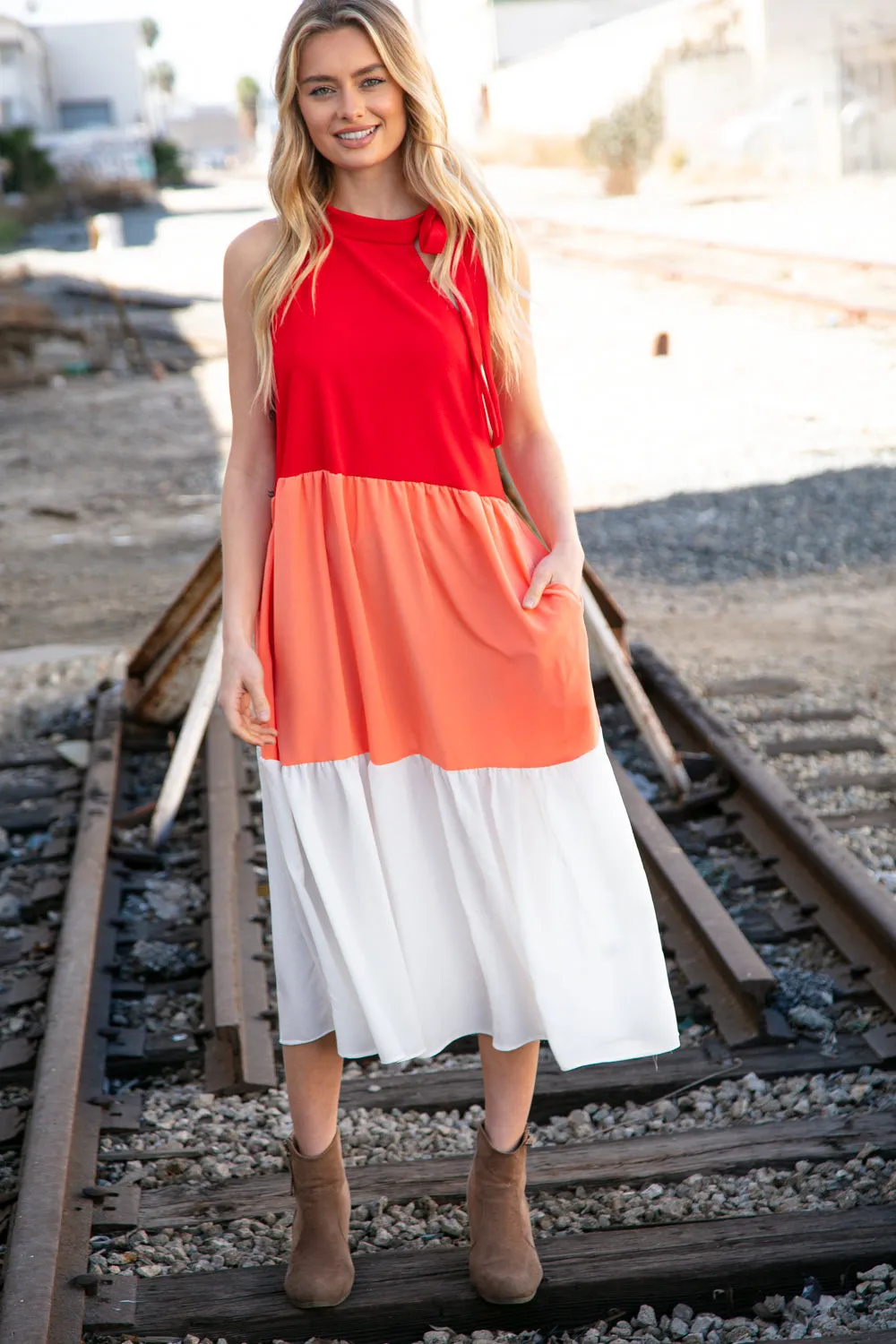 Red Color Block Tiered Halter Bow Tie Maxi Pocketed Dress