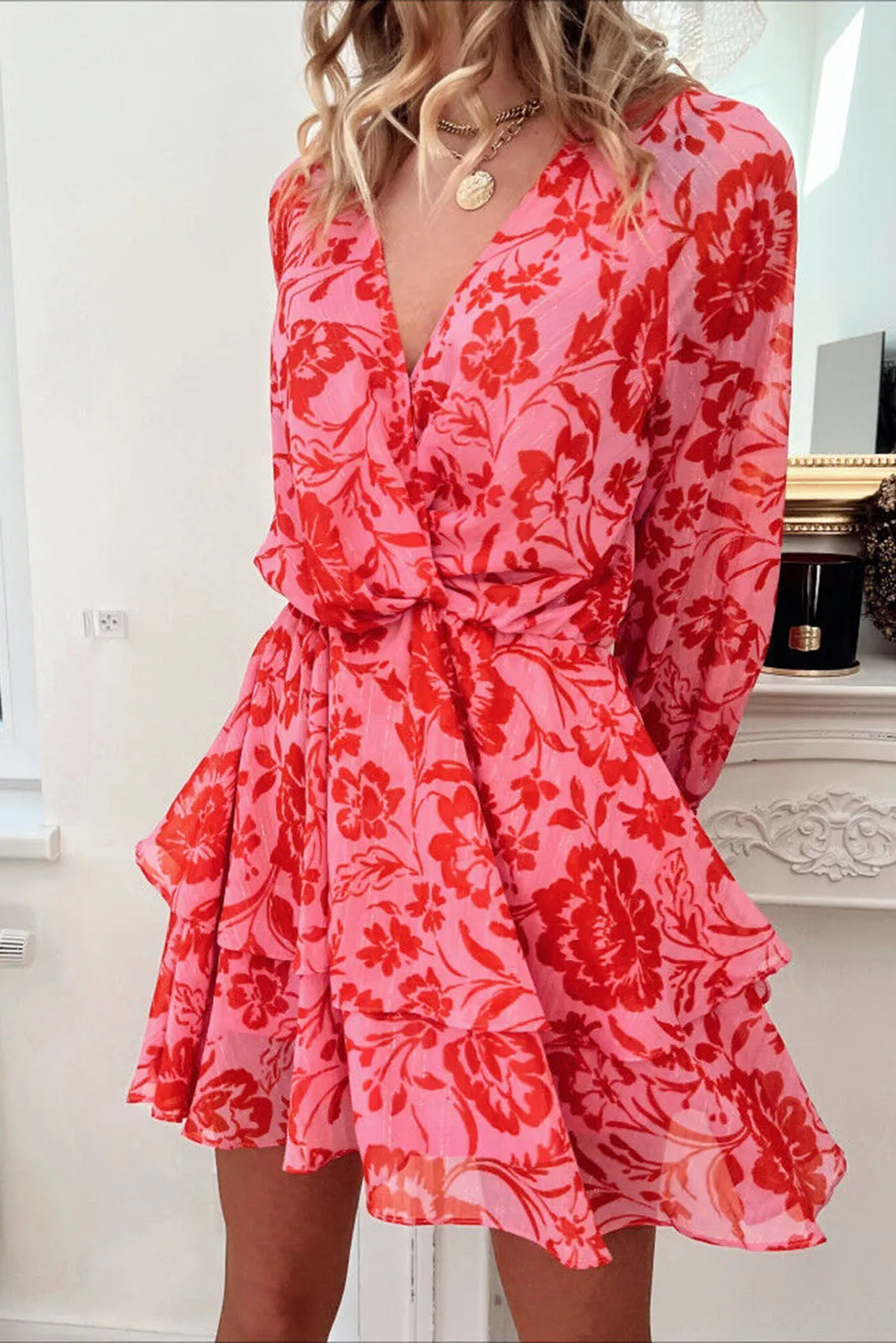 Red Floral Ruffle Layered Puff Sleeve Surplice Dress