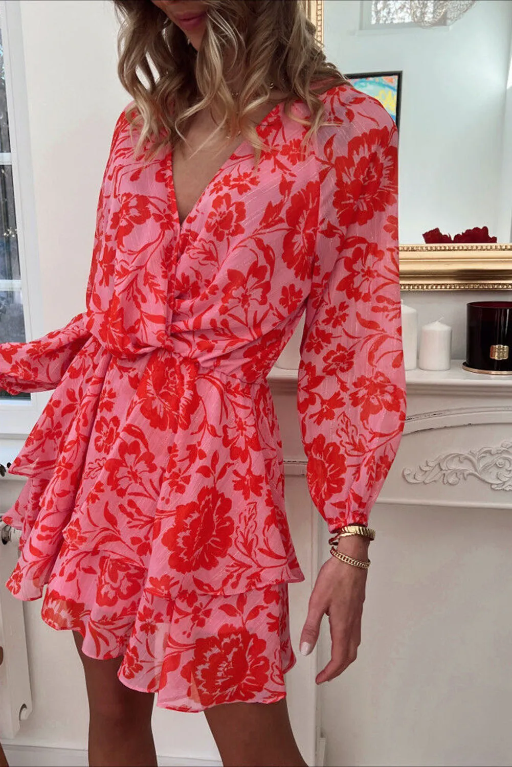 Red Floral Ruffle Layered Puff Sleeve Surplice Dress