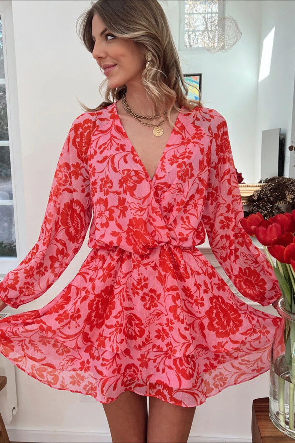 Red Floral Ruffle Layered Puff Sleeve Surplice Dress