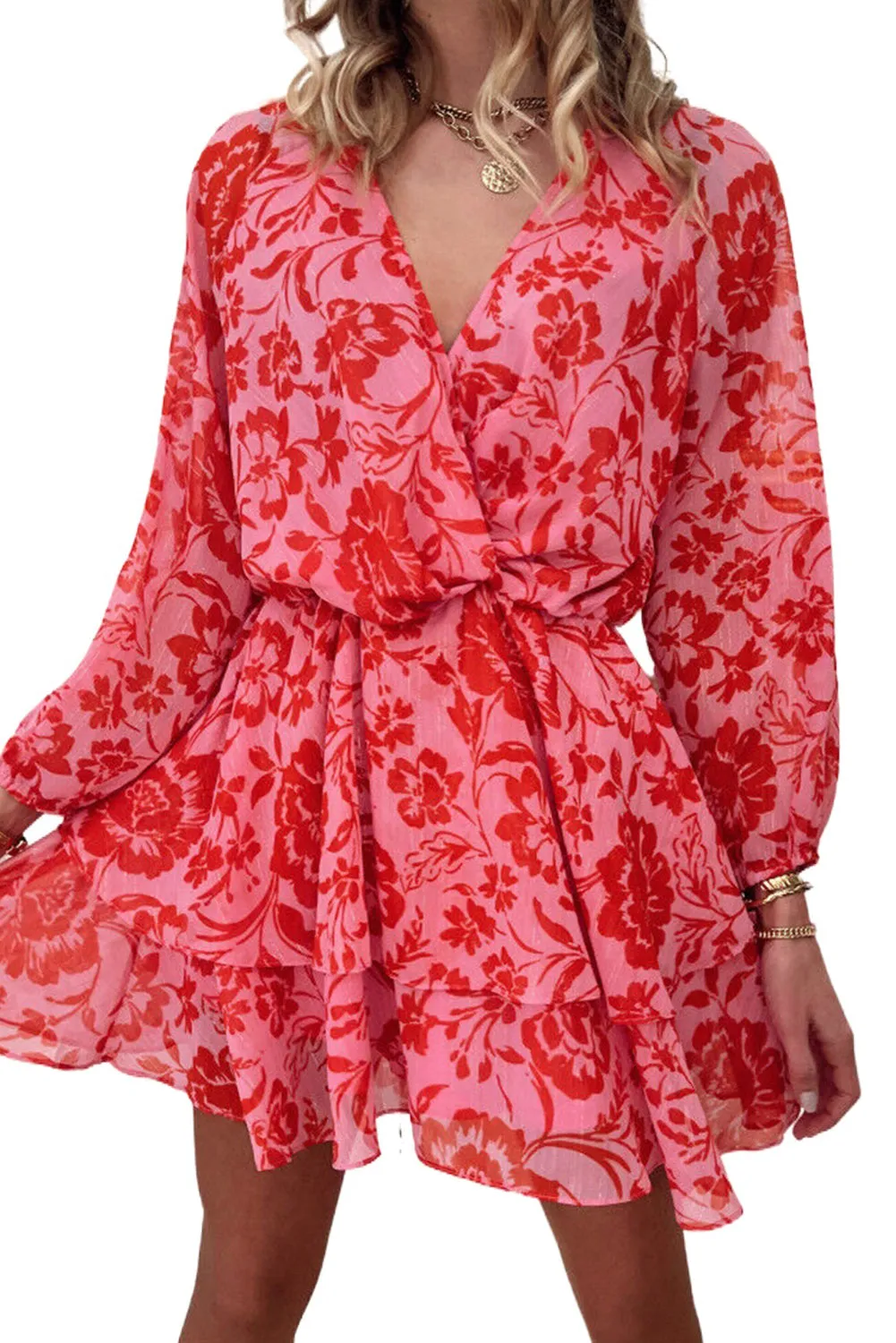 Red Floral Ruffle Layered Puff Sleeve Surplice Dress