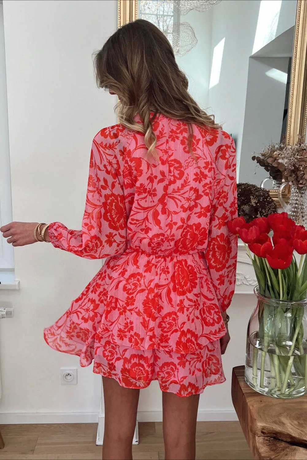 Red Floral Ruffle Layered Puff Sleeve Surplice Dress