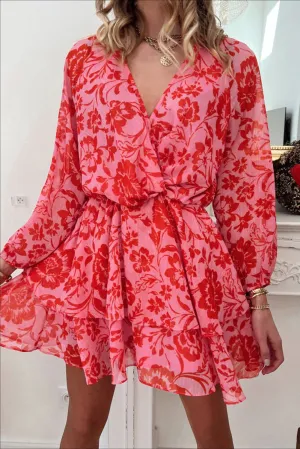 Red Floral Ruffle Layered Puff Sleeve Surplice Dress