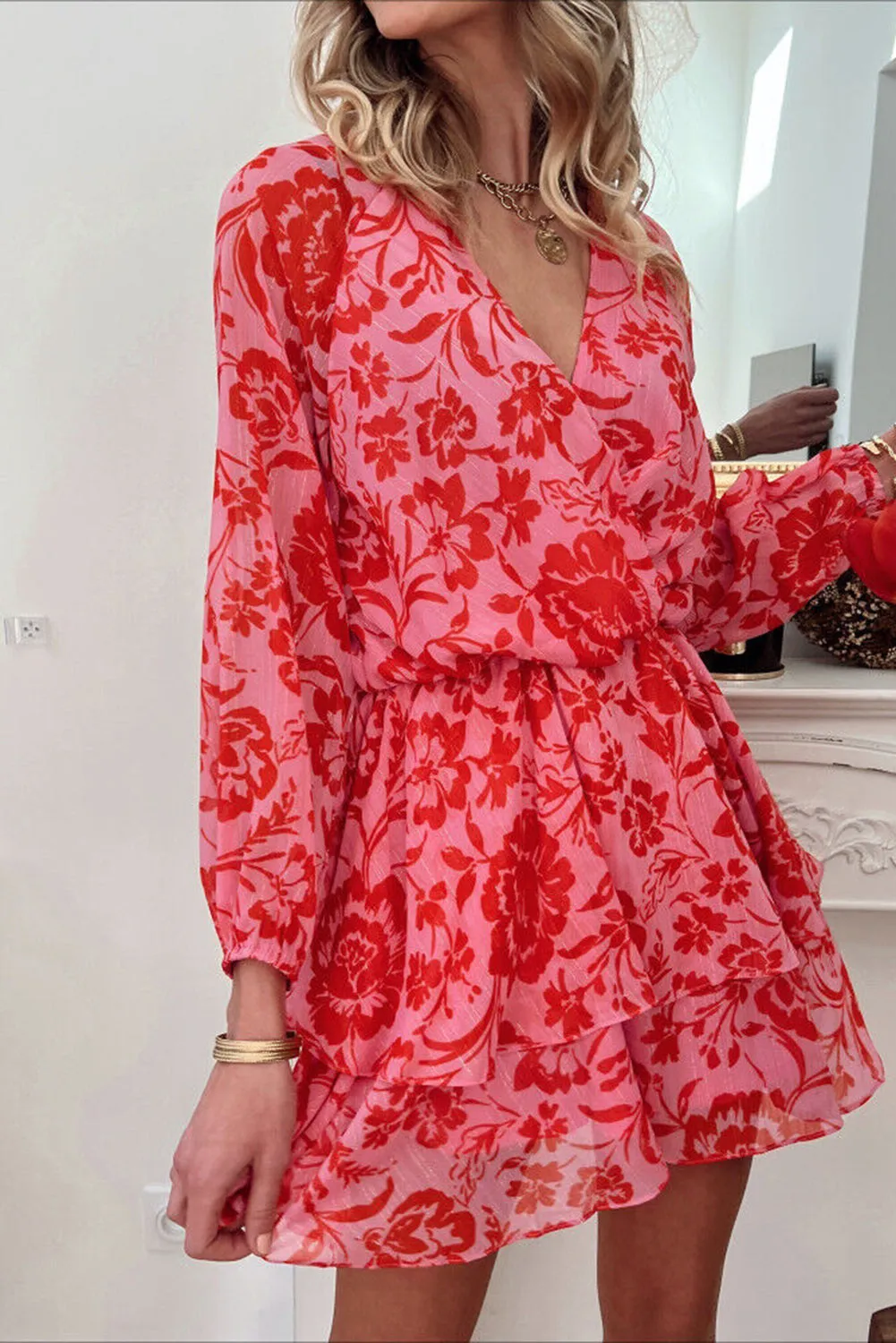 Red Floral Ruffle Layered Puff Sleeve Surplice Dress
