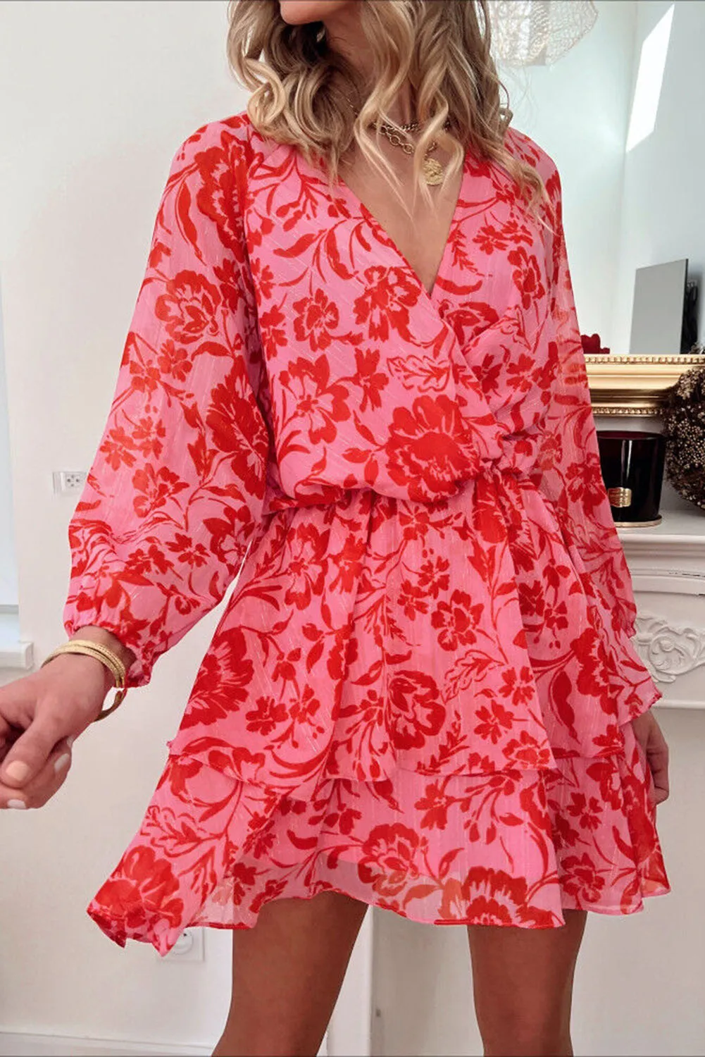 Red Floral Ruffle Layered Puff Sleeve Surplice Dress