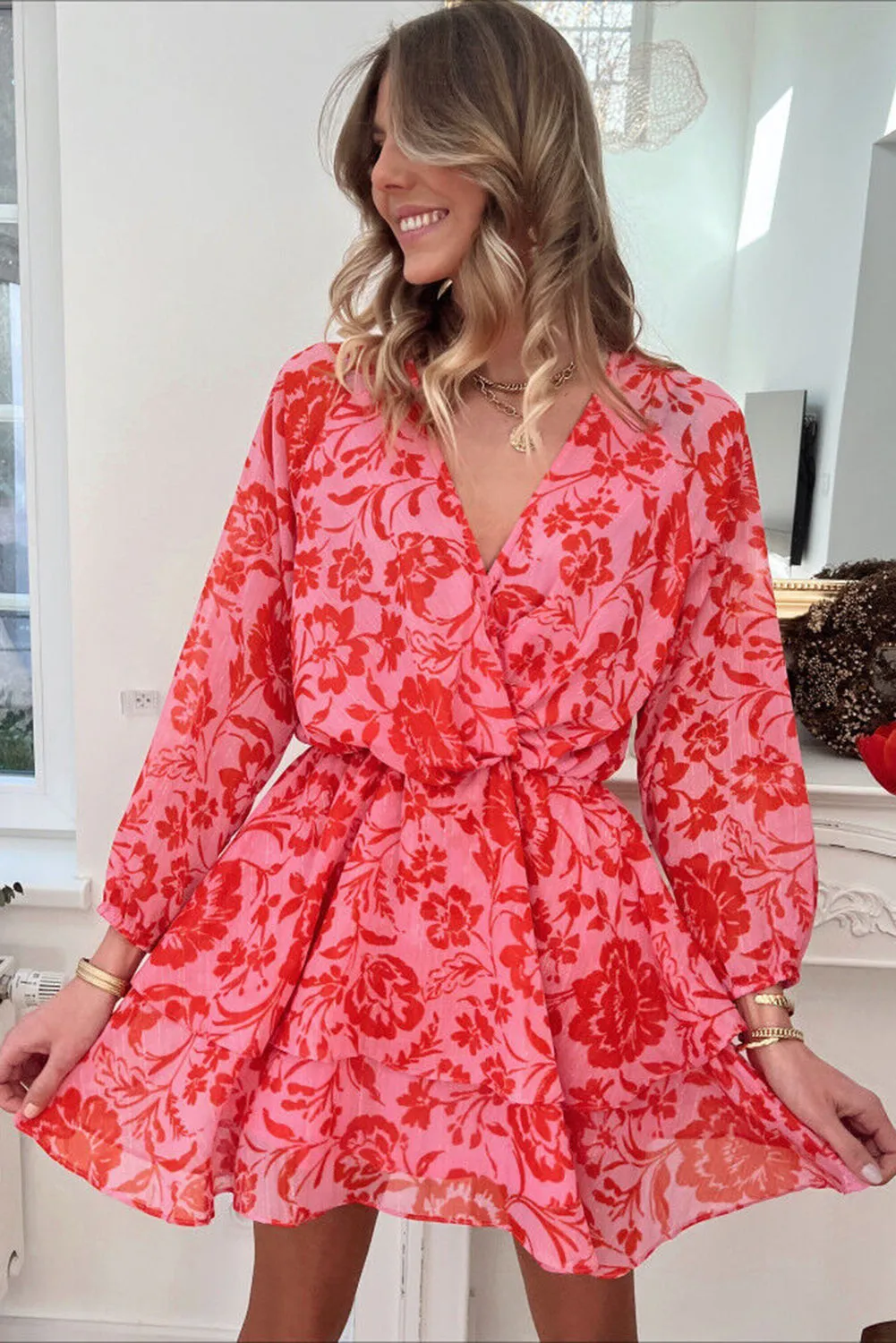 Red Floral Ruffle Layered Puff Sleeve Surplice Dress
