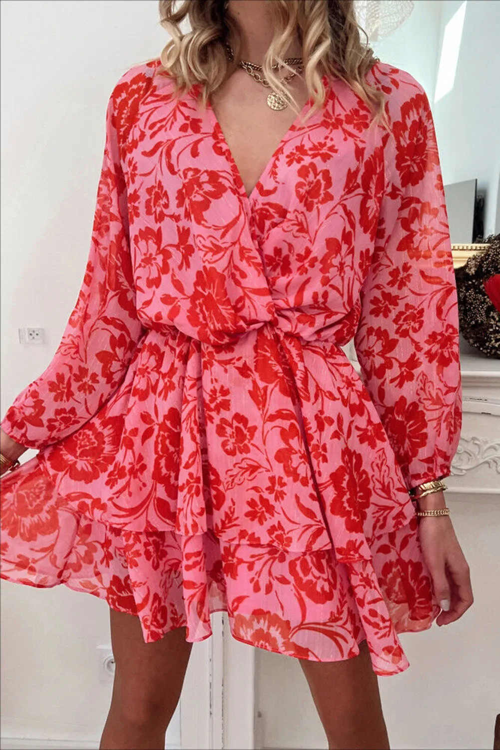Red Floral Ruffle Layered Puff Sleeve Surplice Dress