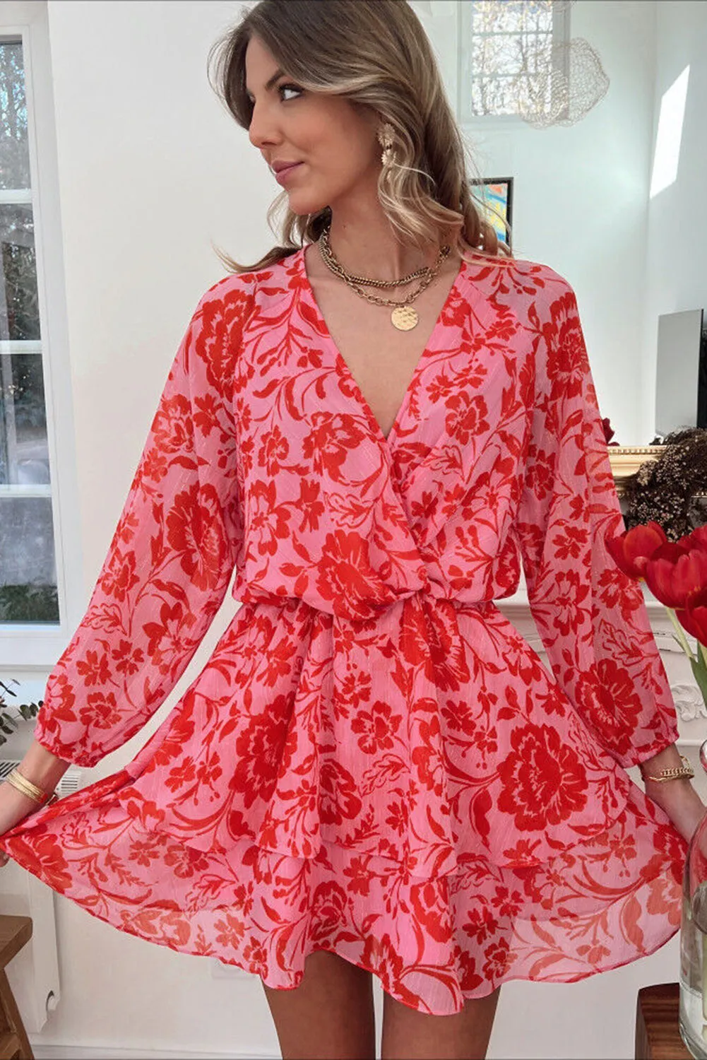 Red Floral Ruffle Layered Puff Sleeve Surplice Dress
