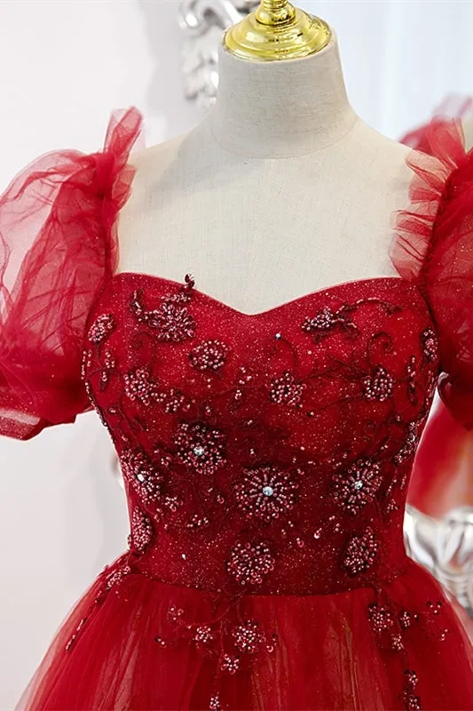 Red Ombre A-line Tulle Long Formal Dress with Short Sleeves
