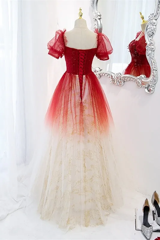 Red Ombre A-line Tulle Long Formal Dress with Short Sleeves