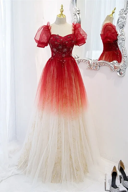 Red Ombre A-line Tulle Long Formal Dress with Short Sleeves