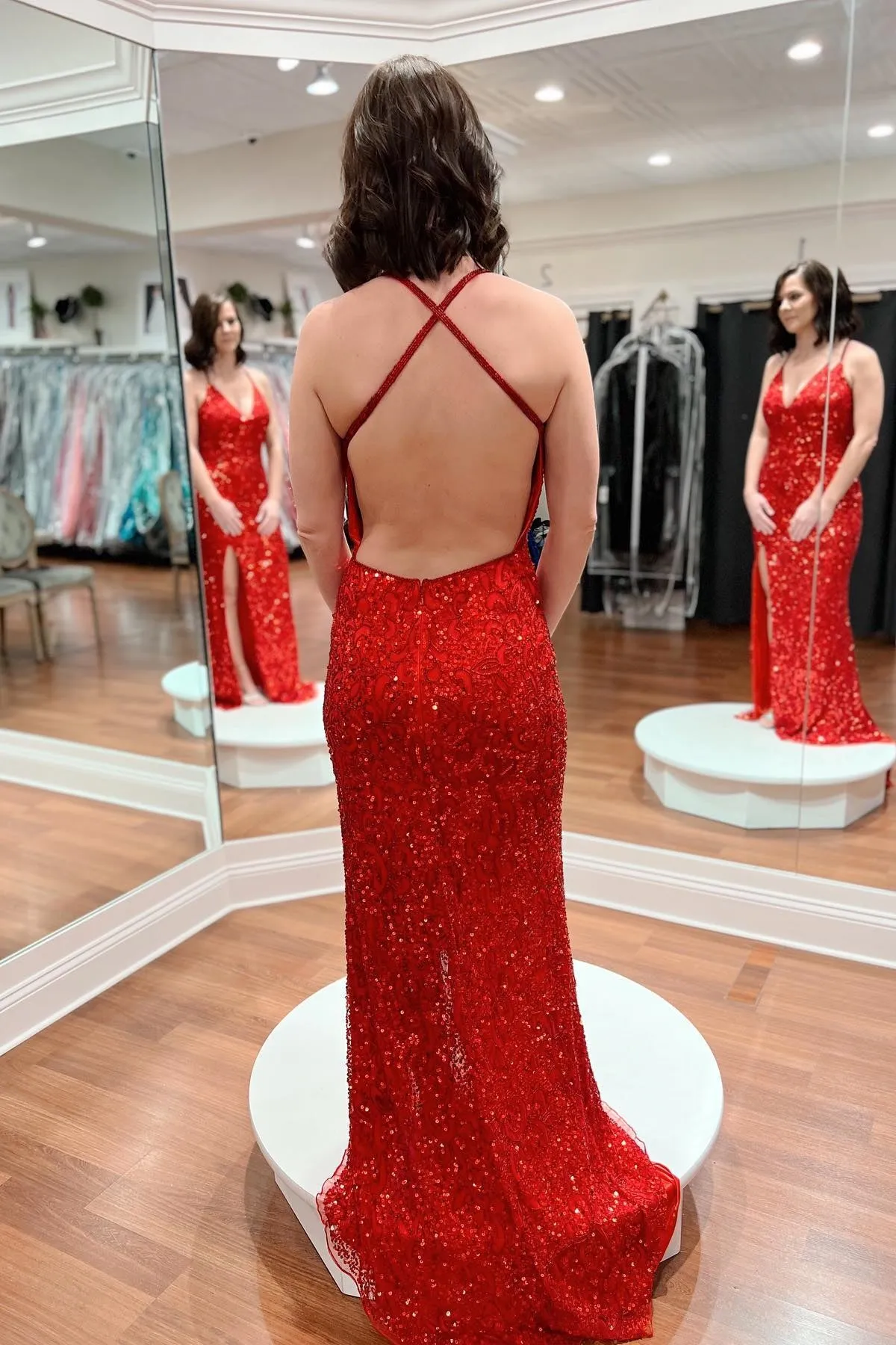 Red Sequin V Neck Mermaid Long Prom Dress with Slit