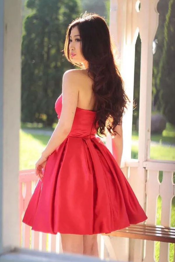 Red Sleeveless Simple Sweetheart Pleated Homecoming dresses, Party Dresses Short SH406