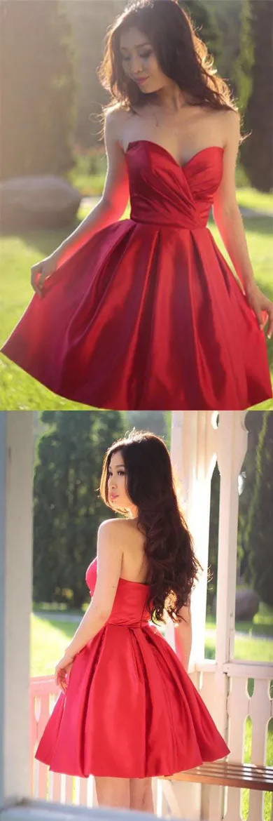 Red Sleeveless Simple Sweetheart Pleated Homecoming dresses, Party Dresses Short SH406