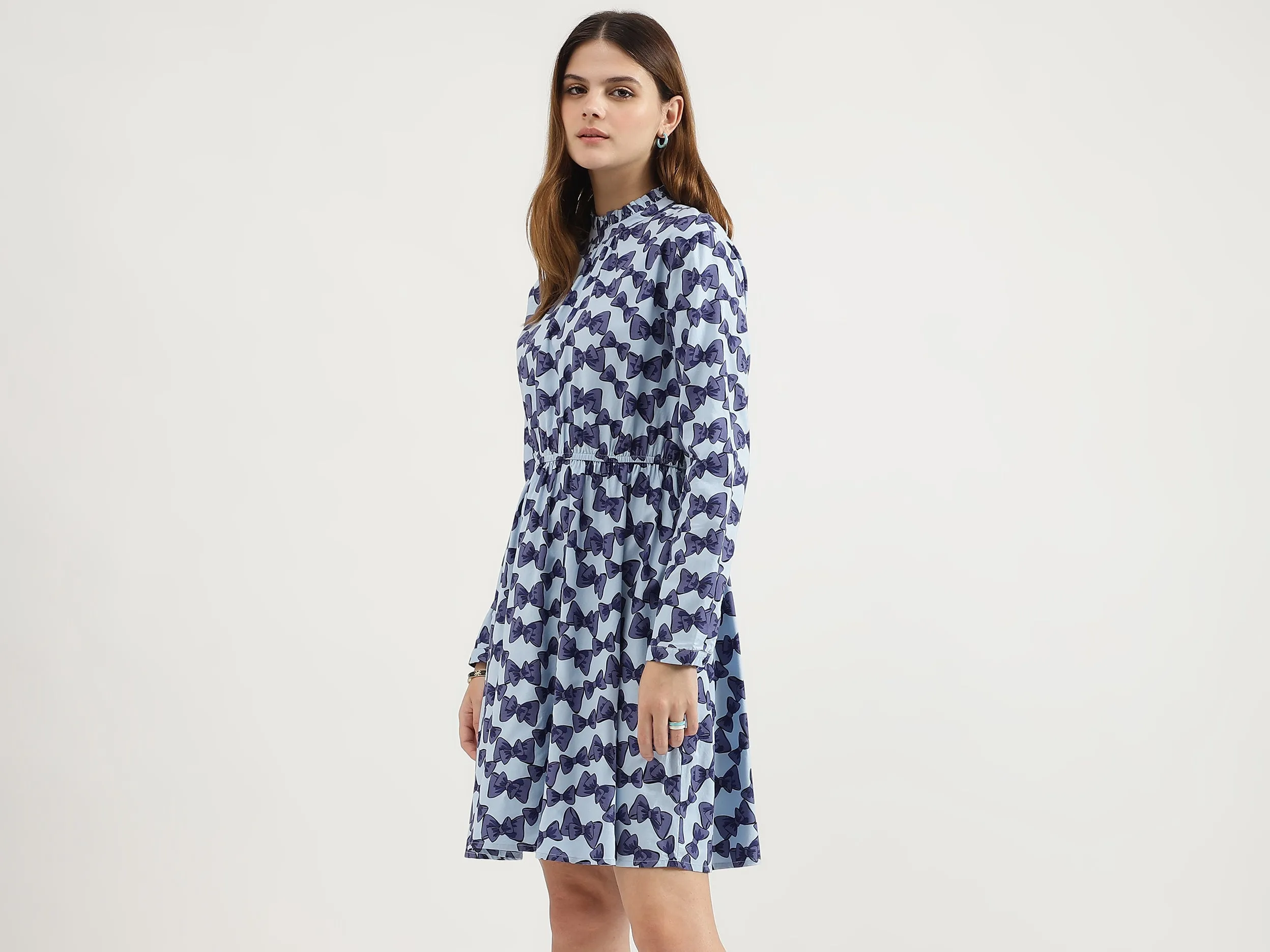 Regular Fit Ruffle Neck Printed Dresses