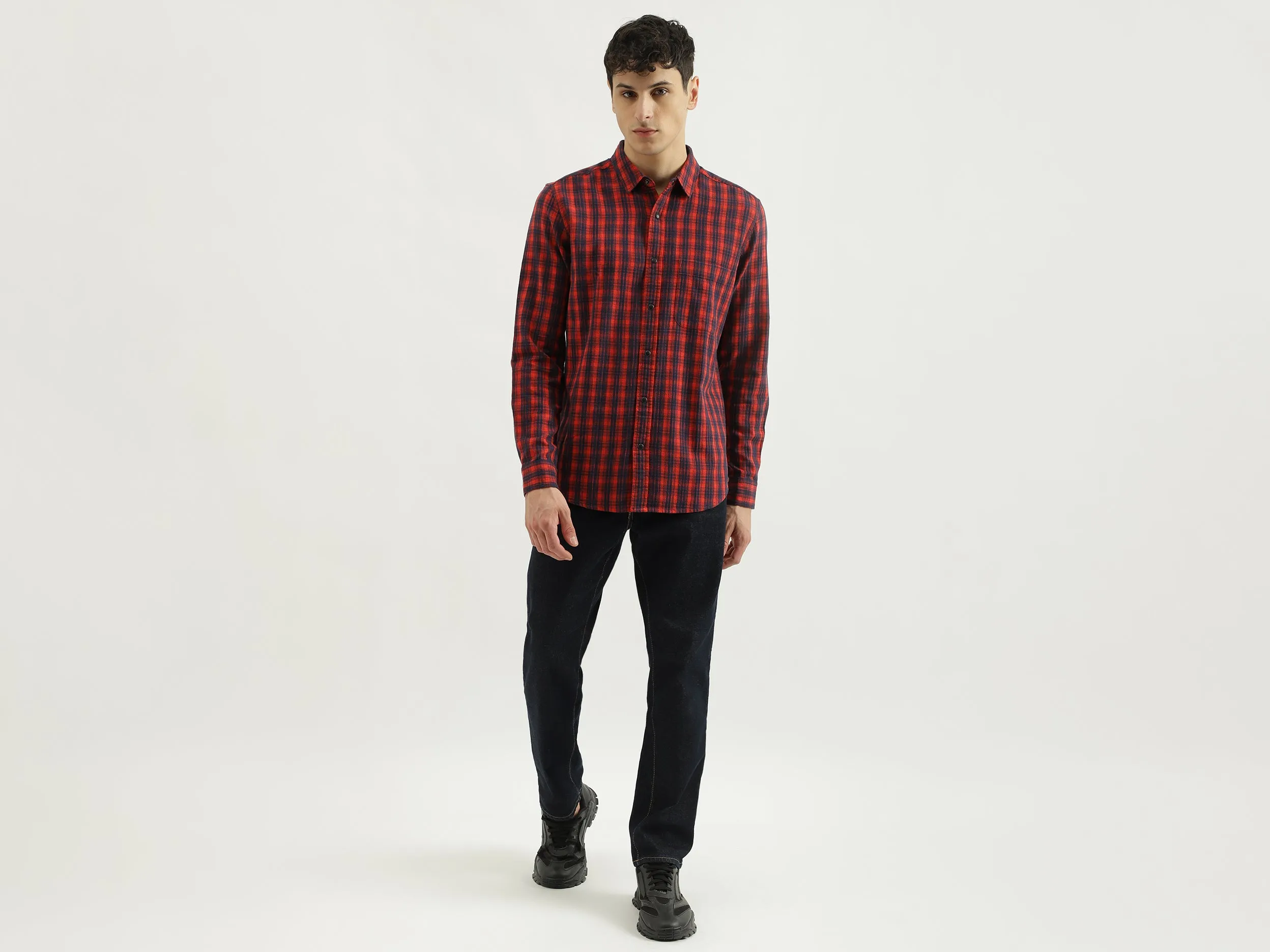 Regular Spread Collar Checkered Shirts
