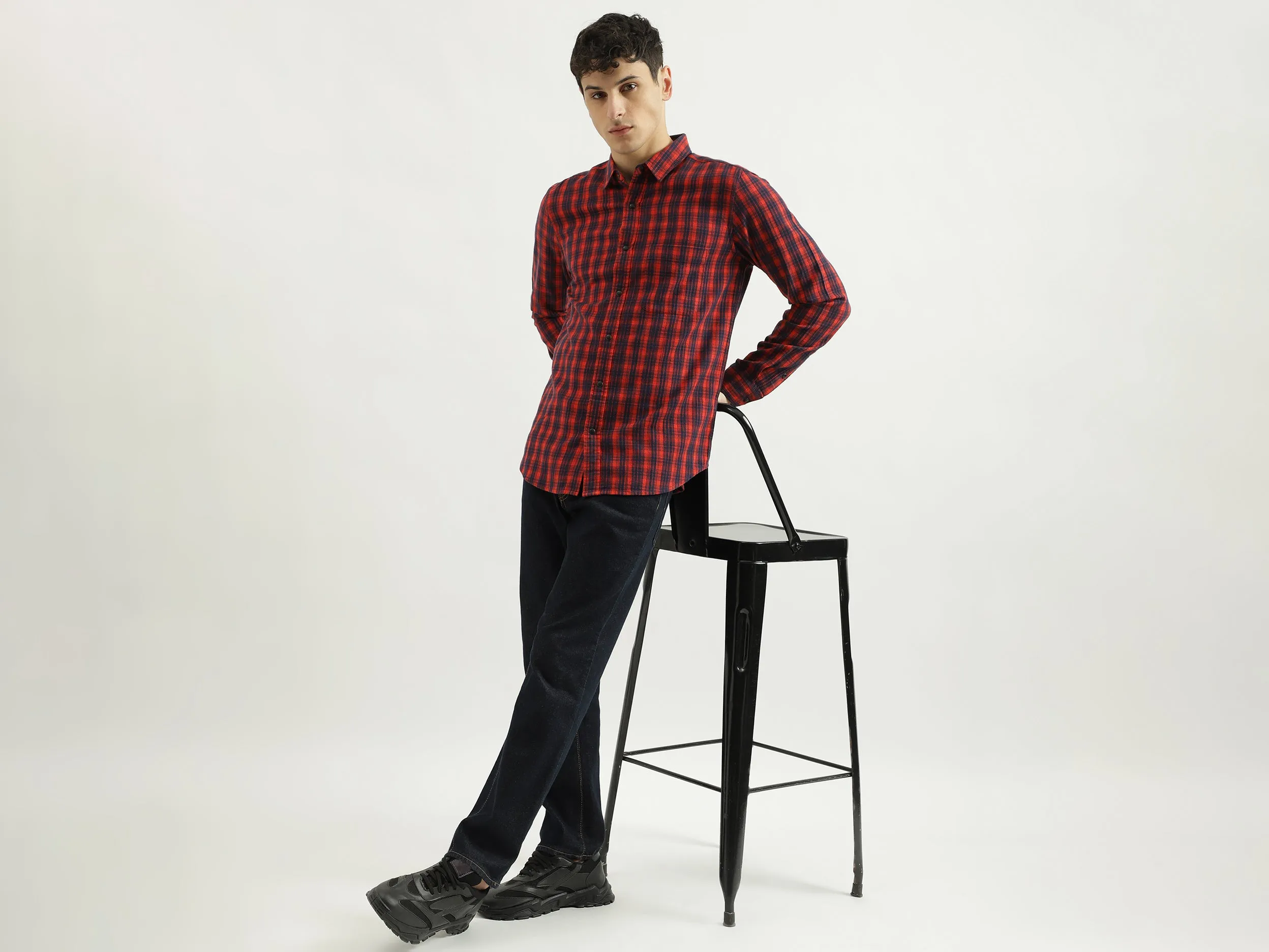 Regular Spread Collar Checkered Shirts