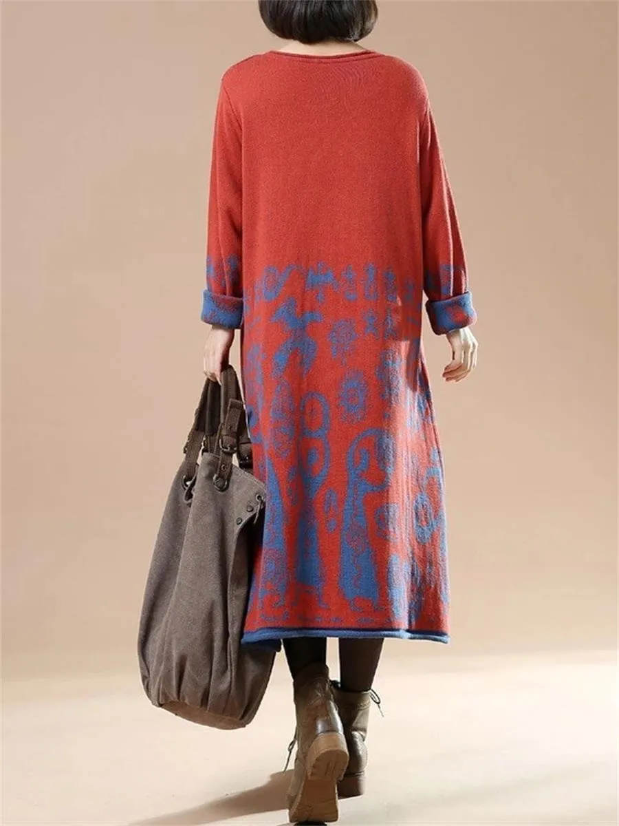 Retro Casual Women'S Printed Sweater Dress