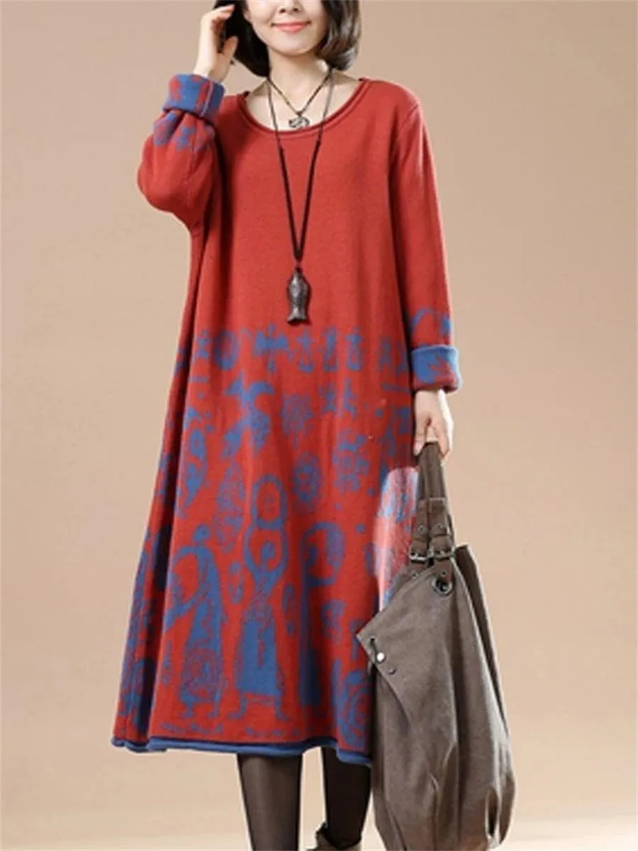 Retro Casual Women'S Printed Sweater Dress
