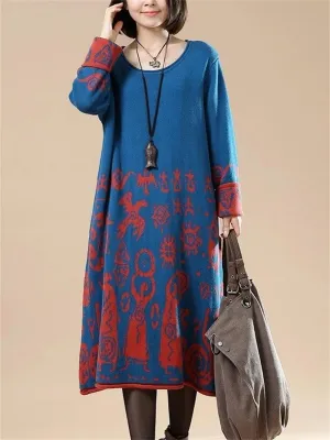 Retro Casual Women'S Printed Sweater Dress