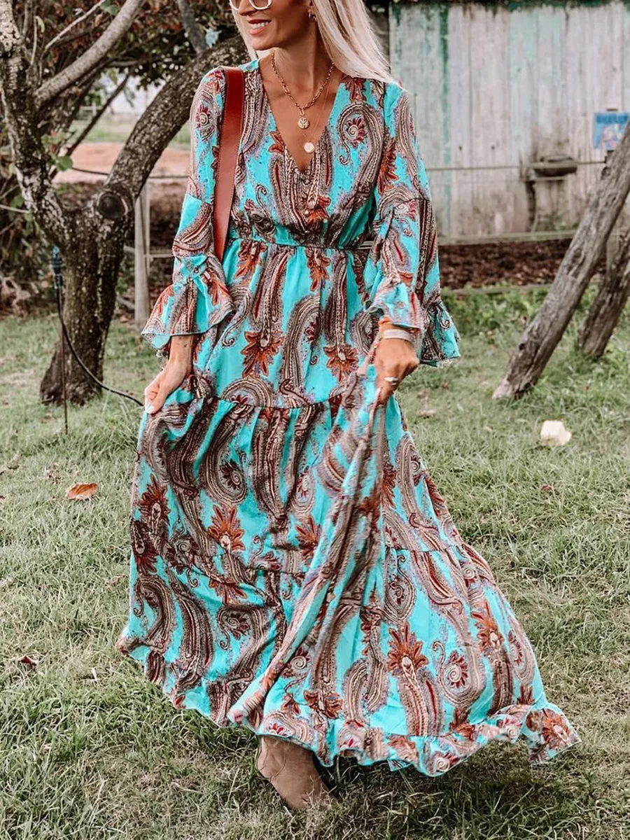 Retro Ethnic Style Totem Print Women'S Holiday Dress