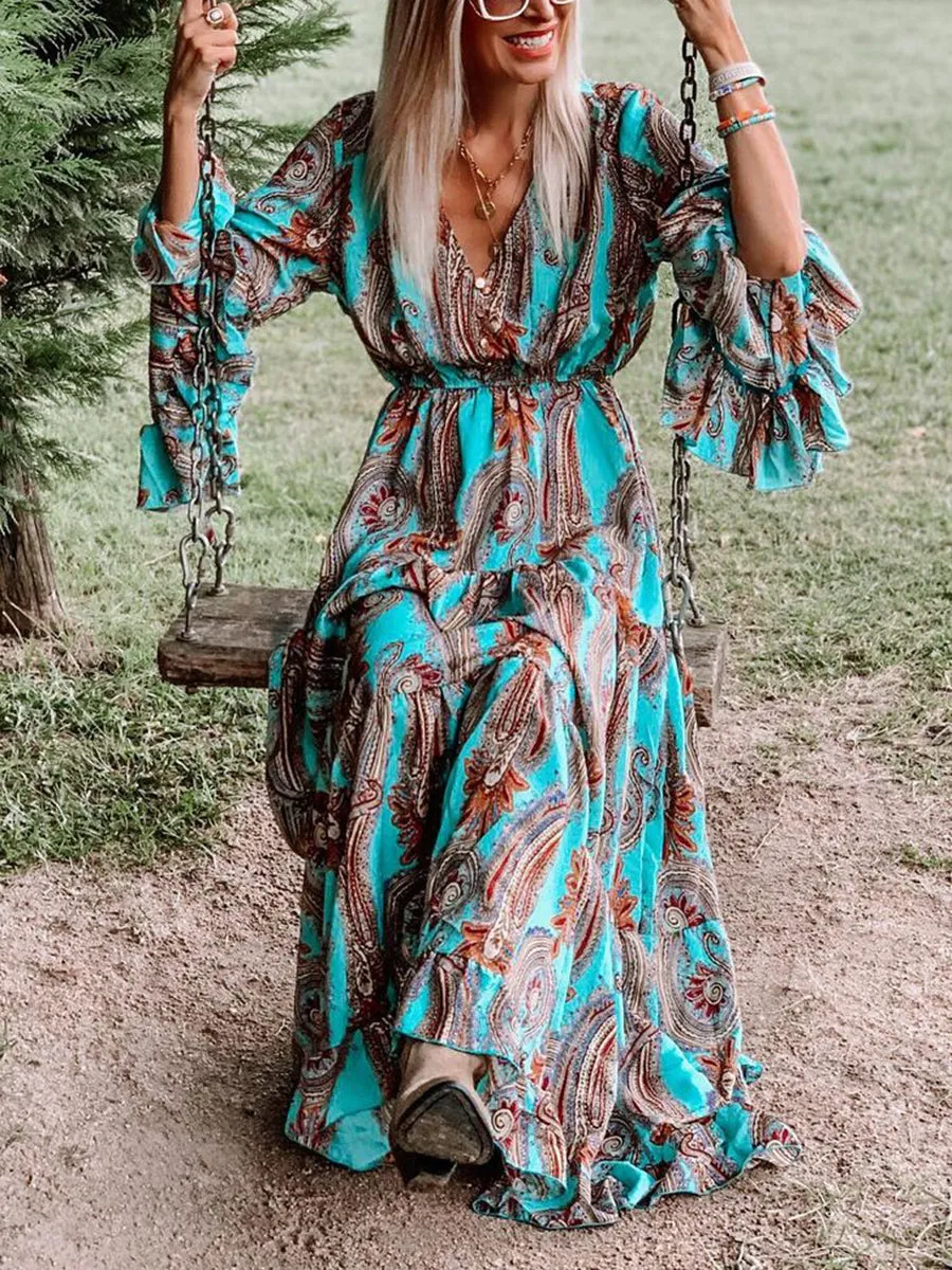 Retro Ethnic Style Totem Print Women'S Holiday Dress