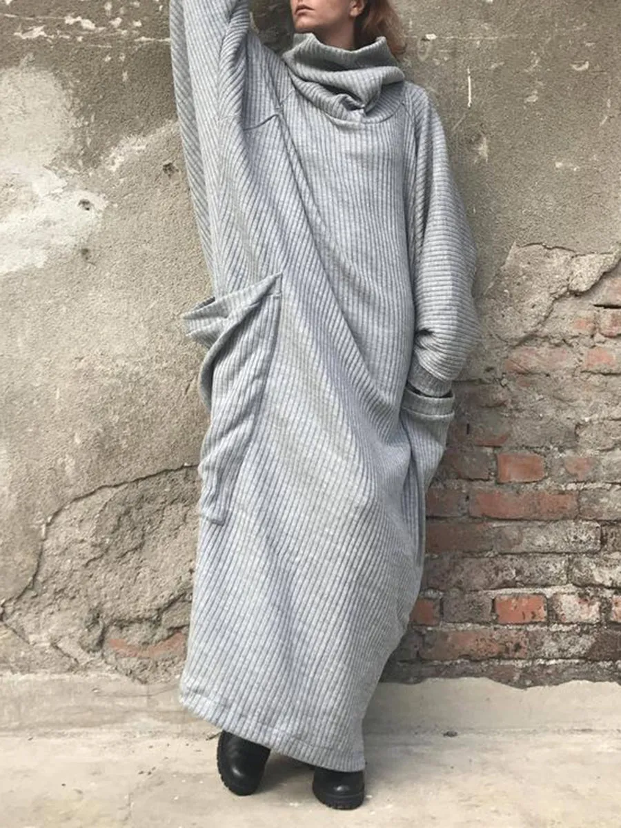 Retro Loose High Neck Pocket Women'S Knitted Long Skirt