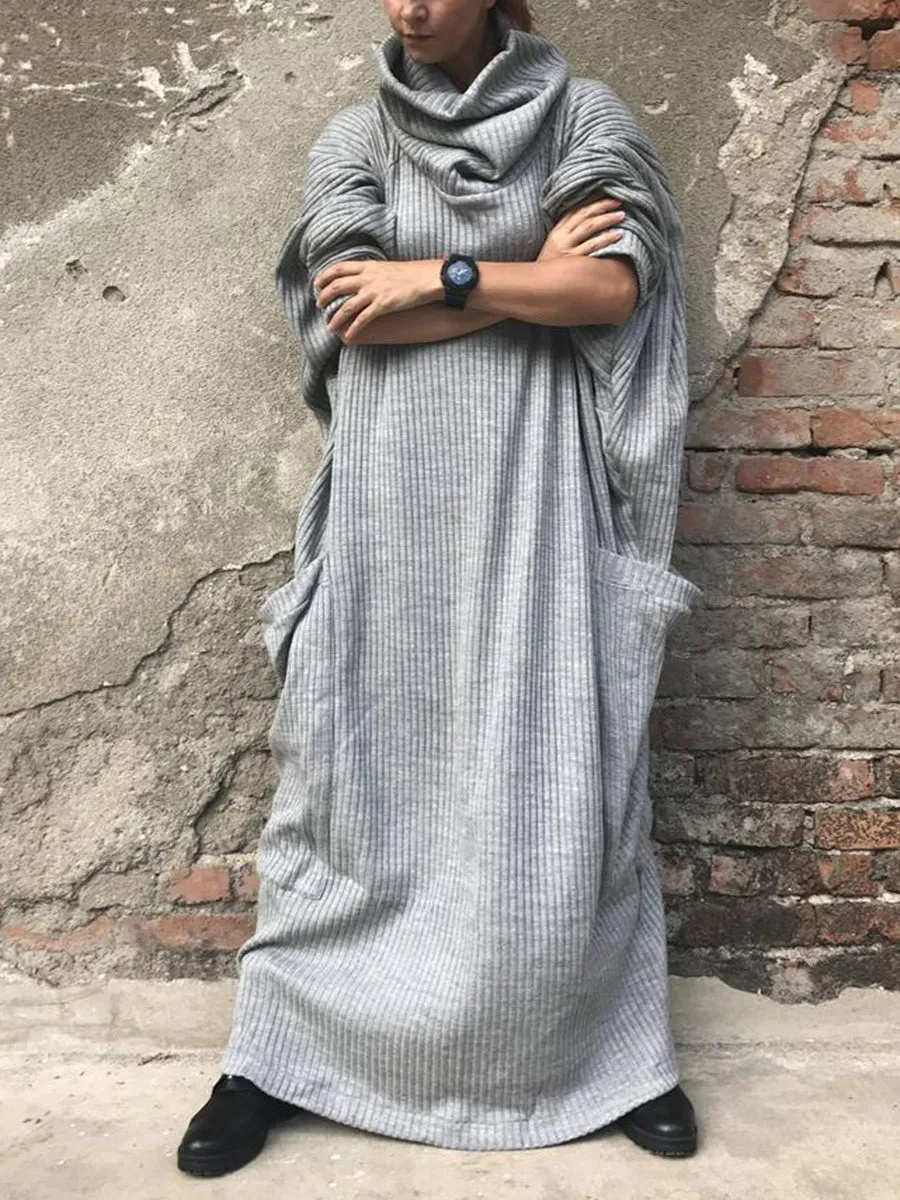 Retro Loose High Neck Pocket Women'S Knitted Long Skirt