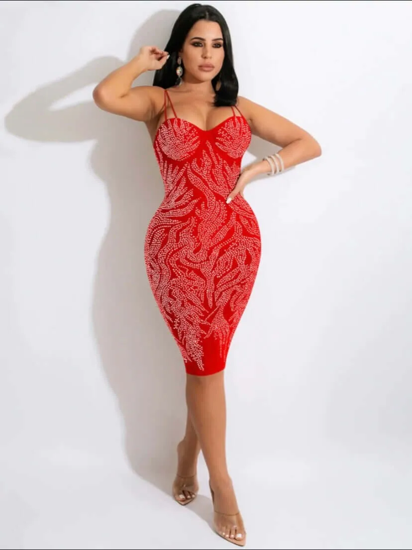 Rhinestone Spaghetti Strap Bodycon Midi Dresses