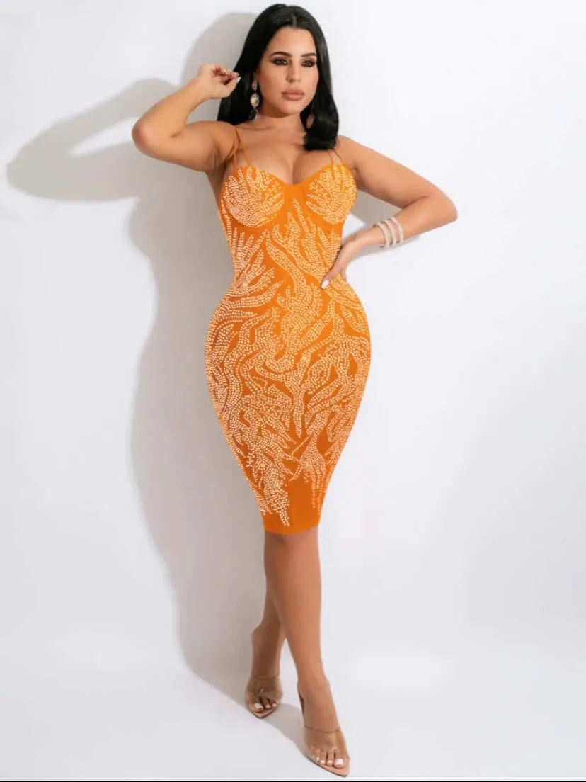 Rhinestone Spaghetti Strap Bodycon Midi Dresses