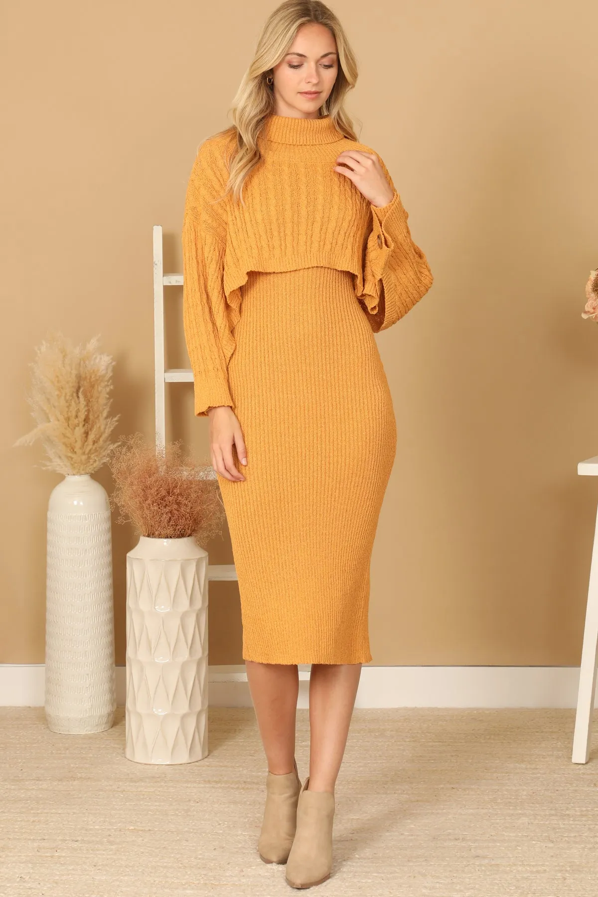 RIBBED SLEEVE SHAWL N SWEATER DRESS SET