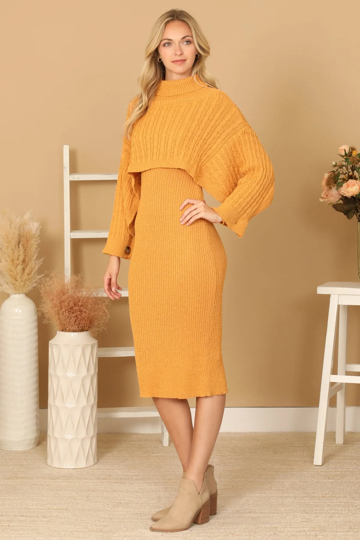 RIBBED SLEEVE SHAWL N SWEATER DRESS SET