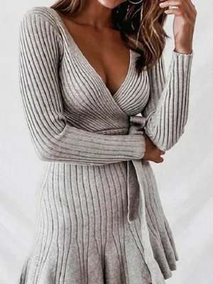 Ribbed Sweater Dress with Deep V-Neck and Waist Tie