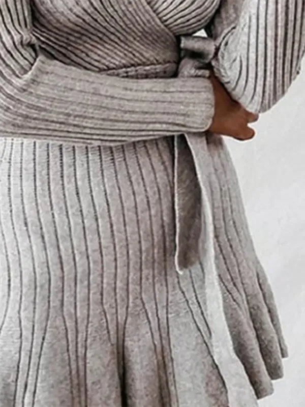 Ribbed Sweater Dress with Deep V-Neck and Waist Tie