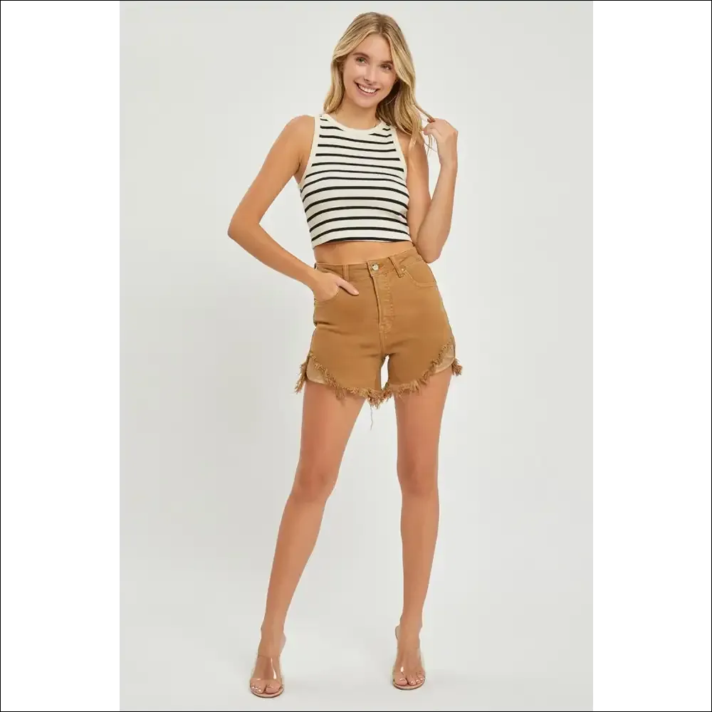 RISEN High Waist Frayed Hem Denim Shorts