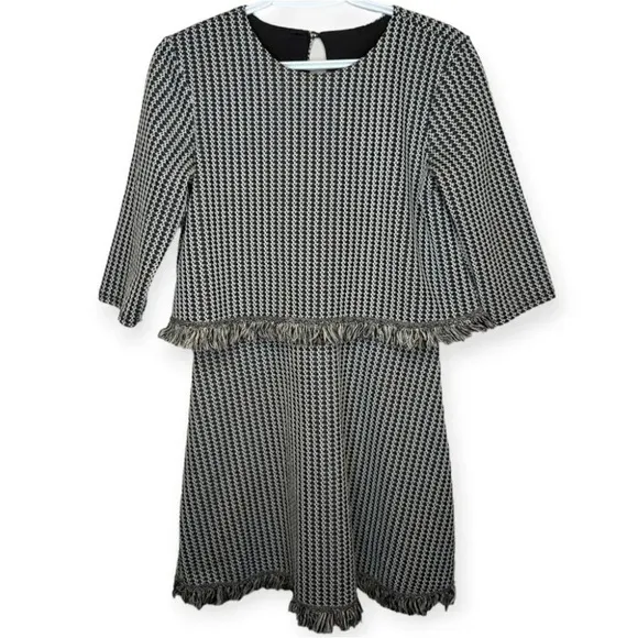 River Island Black &amp; White Tweed Style Fringe Detailed Dress