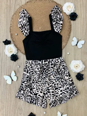 Roaring Fun Leopard Print Top and Ruffle Short Set