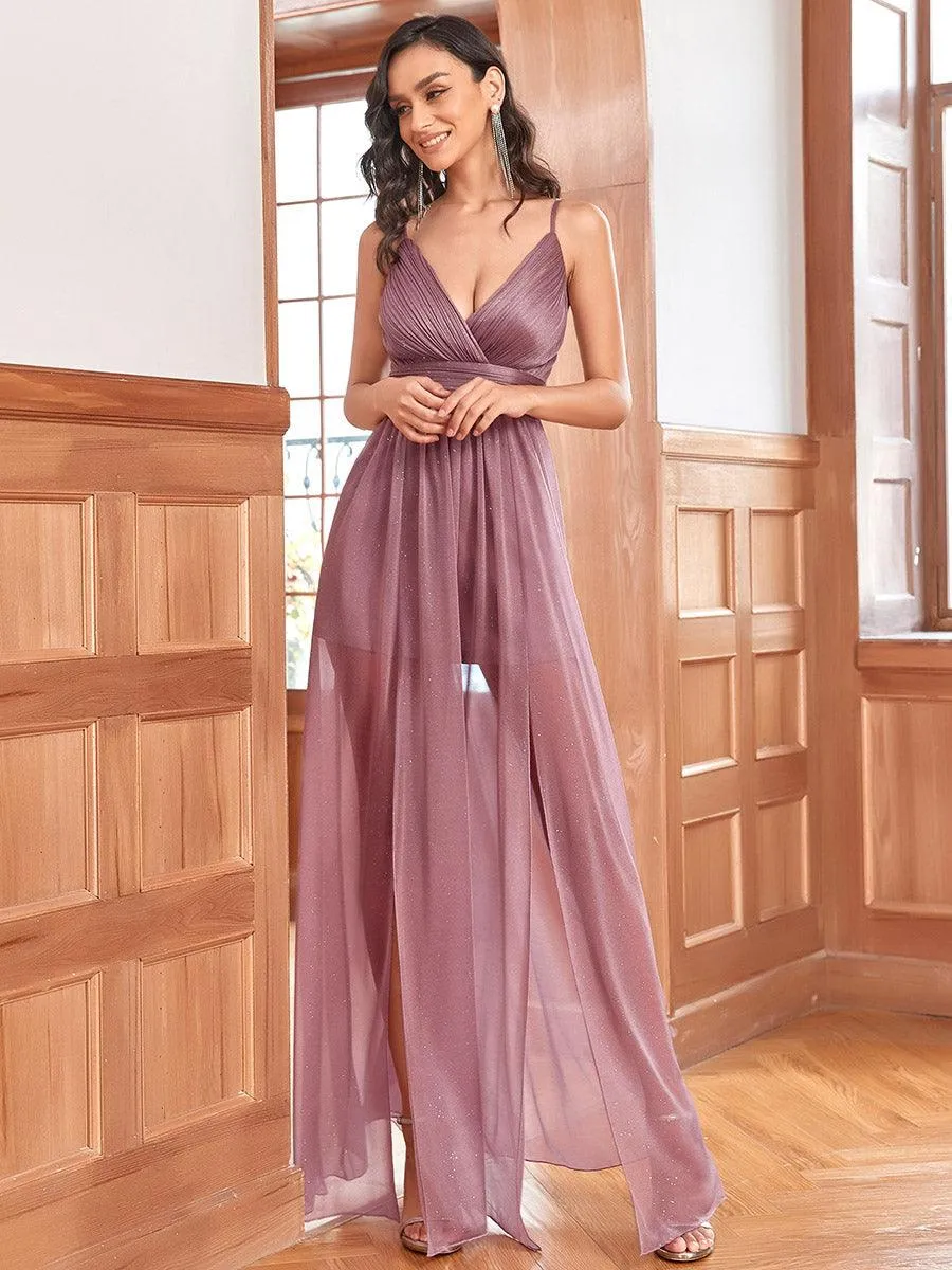 Robe de soirée plissée sans manches à bretelles spaghetti et col en V(Vente Finale)