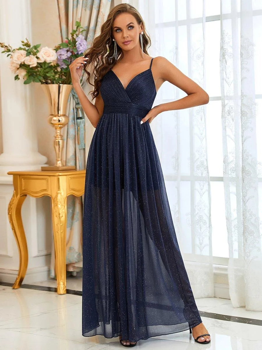 Robe de soirée plissée sans manches à bretelles spaghetti et col en V(Vente Finale)