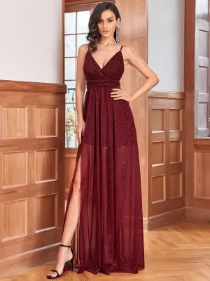 Robe de soirée plissée sans manches à bretelles spaghetti et col en V(Vente Finale)